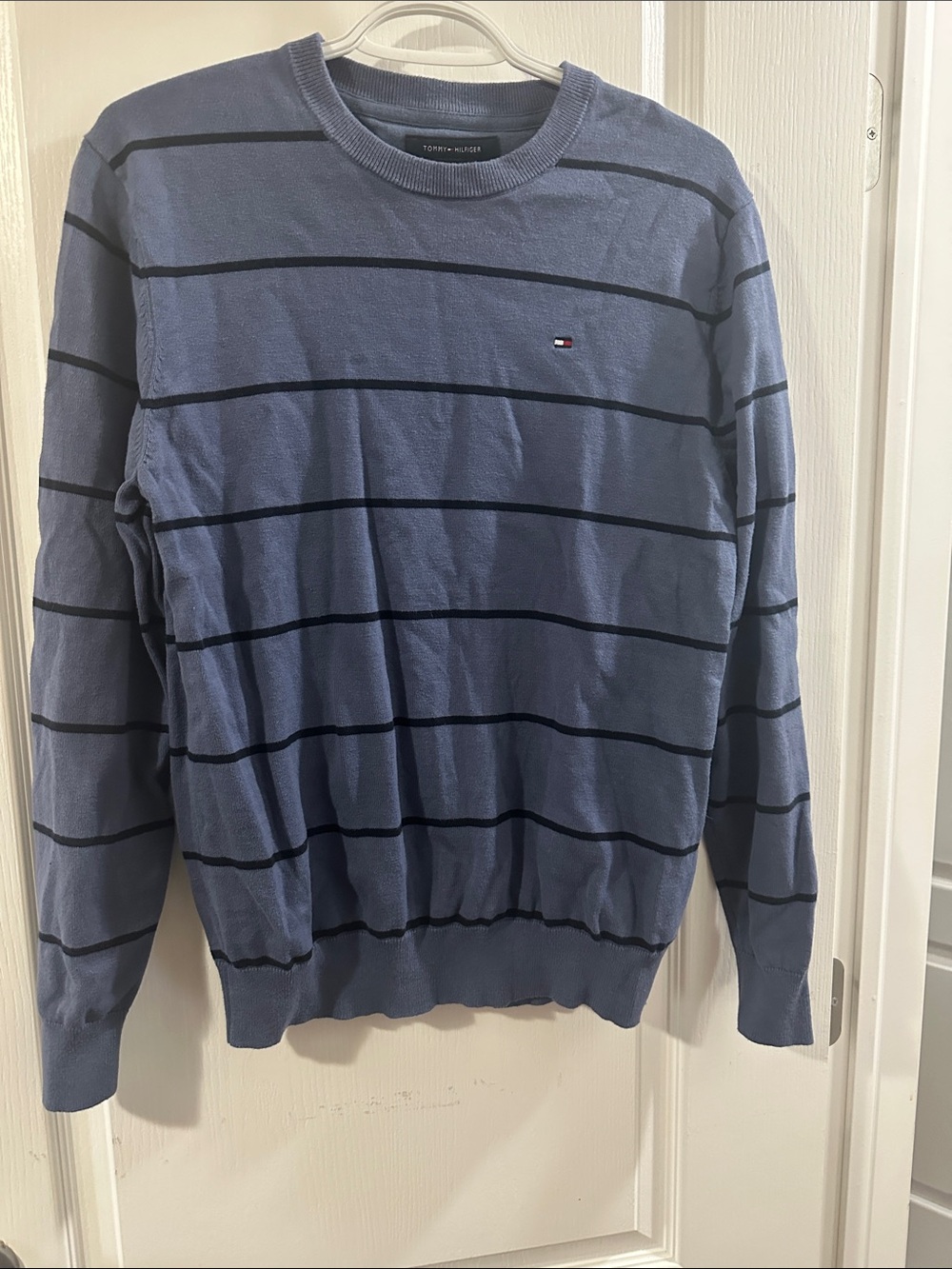 Tommy Hilfiger Light Blue Crewneck Sweater with Navy Stripes